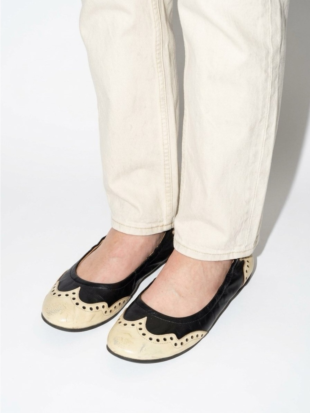 JOHN FLUEVOG BLACK & CREAM LEATHER BROGUE BALLET FLATS SIZE 11 WOMENS